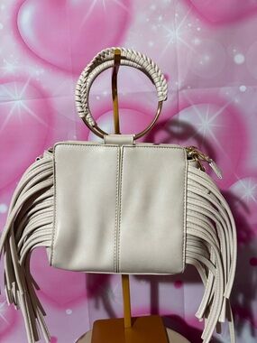 Braided Ring Handle Mini Fringe Bag in Cream